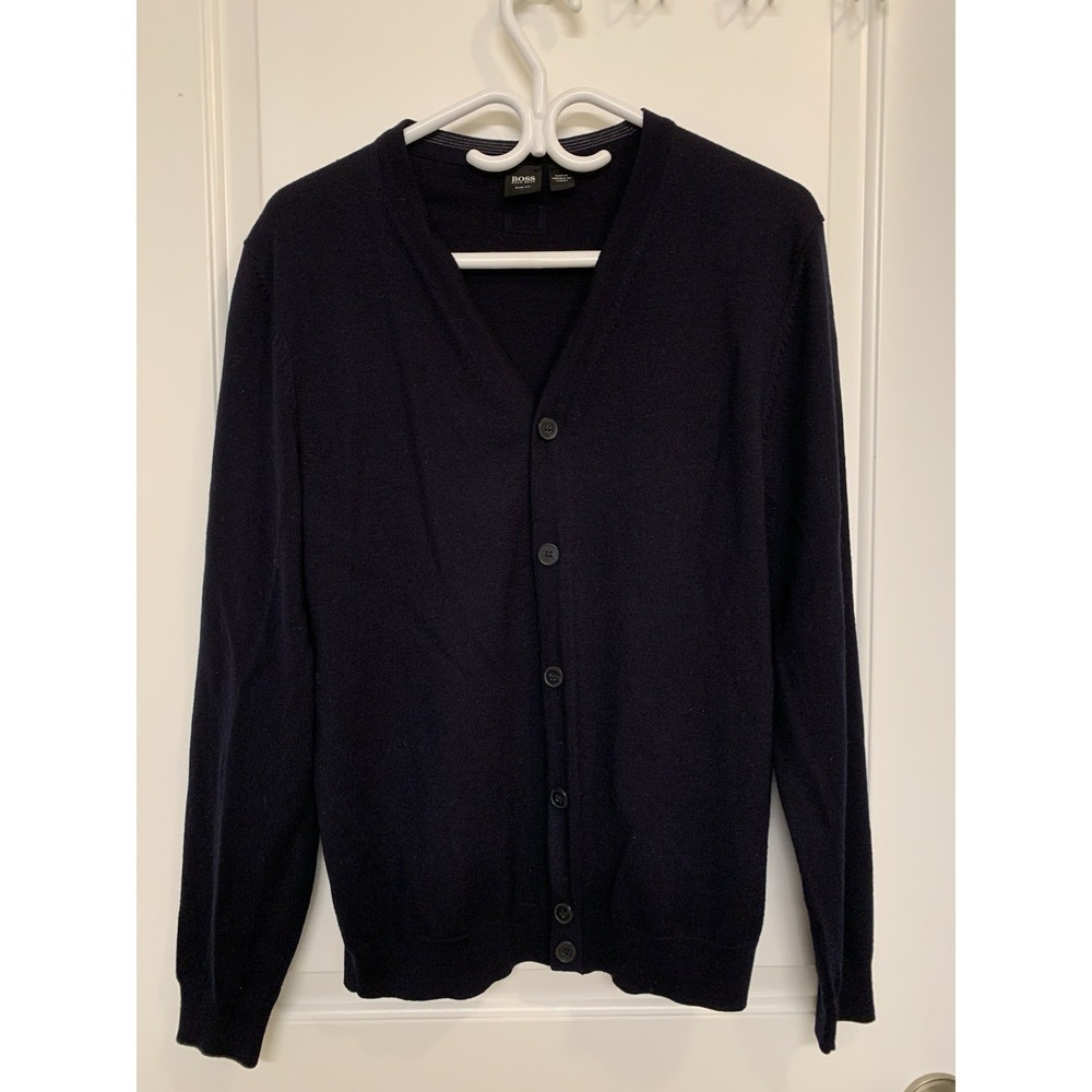 BOSS Hugo Boss 100% Virgin Wool Cardigan Sweater M/L Slim Fit Dark Navy Blue